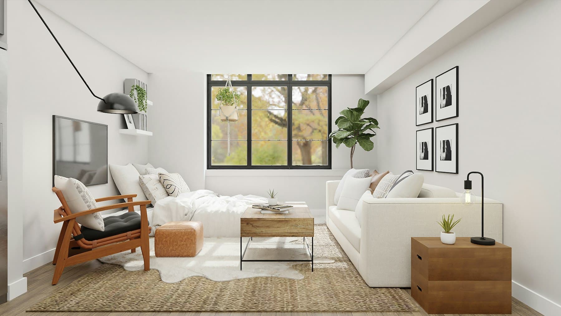 Bright, professionally styled living room in a managed rental property
